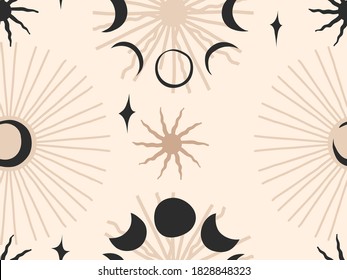 Icono gráfico de material plano abstracto de vector dibujado a mano ilustraciones de patrón sin fisuras con fases celestes de luna, sol y estrellas, formas místicas y simples de collage aisladas en fondo de color