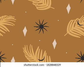 Hand drawn vector abstract flat stock graphic icon illustrations seamless pattern with celestial moon,sun,tropical palm leaf and stars, mystic and simple collage shapes isolated on color background