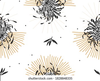 Hand drawn vector abstract flat stock graphic icon illustrations seamless pattern with autumn flower chrysanthemum,sun and stars, mystic and simple collage shapes isolated on white background