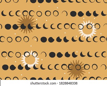 Hand drawn vector abstract flat stock graphic icon illustrations seamless pattern with celestial moon phases,sun and stars, mystic and simple collage shapes isolated on color background