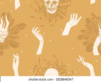 Hand drawn vector abstract flat stock graphic icon illustration sketch seamless pattern with human hands,skull, mystic occult sun and moon phases ,simple collage shapes isolated on golden background