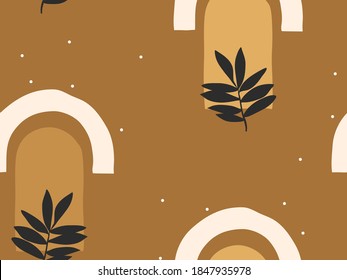 Hand drawn vector abstract flat stock graphic icon illustration line art seamless pattern with celestial sun,leaves,arch and stars, mystic and simple collage shapes isolated on color background