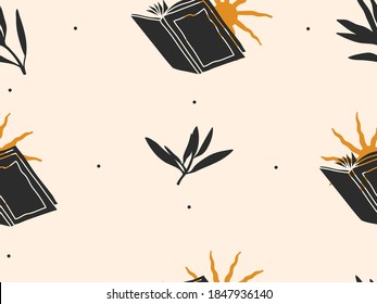Hand drawn vector abstract flat stock graphic icon illustration line art seamless pattern with celestial sun,books and flower leaves, mystic and simple collage shapes isolated on color background.