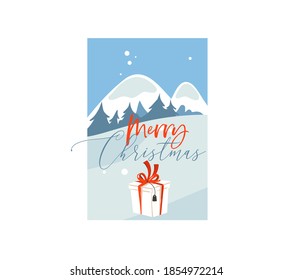 Hand drawn vector abstract flat Merry Christmas,and Happy New Year cartoon festive card with cute illustrations of big surprise present box outdoor on winter landscape isolated on white background