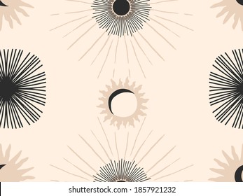 Hand drawn vector abstract flat stock graphic icon illustrations seamless pattern with celestial moon phases,sun rays and stars, mystic and simple collage shapes isolated on color background