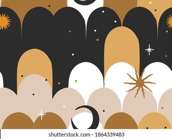 Hand drawn vector abstract flat stock graphic icon illustrations seamless pattern with celestial moon phases,sun and stars, mystic and simple collage shapes isolated on color background