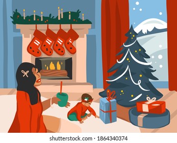Hand drawn vector abstract flat Merry Christmas,and Happy New Year cartoon festive illustrations of big decorated Xmas tree and happy family in holiday home interior isolated on color background