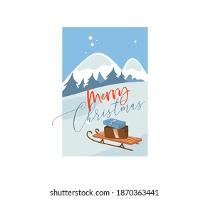 Hand drawn vector abstract flat Merry Christmas,and Happy New Year cartoon festive card with cute illustrations of big surprise present box outdoor on winter landscape isolated on white background