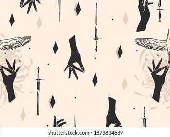 Hand drawn vector abstract flat stock graphic icon illustration sketch seamless pattern with human hands, mystic occult sun and moon phases ,simple collage shapes isolated on golden background
