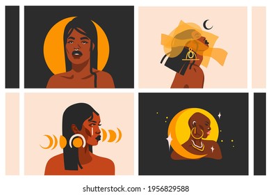 Hand drawn vector abstract flat graphic illustration collection set with ethnic tribal black beautiful african american women,sun and magic moon phases in simple style,bohemian celestial concept