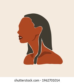 Hand drawn vector abstract flat graphic contemporary aesthetic fashion illustration with bohemian,modern african american female portrait in simple trendy minimal style isolated on pastel background