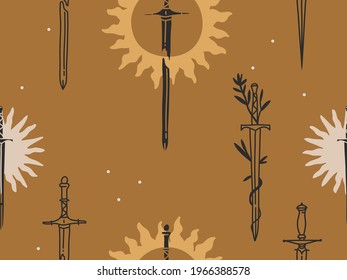 Hand drawn vector abstract flat stock graphic mystic magic illustration line art seamless pattern with celestial sun silhouette,flowers,sword and simple magical occult elements on color background.