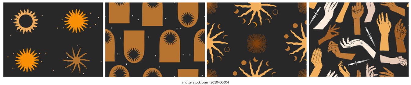 Hand drawn vector abstract flat stock graphic illustration seamless pattern collection set with magic astrology celestial golden moon phases,sun and stars,contemporary mystic and simple collage shapes