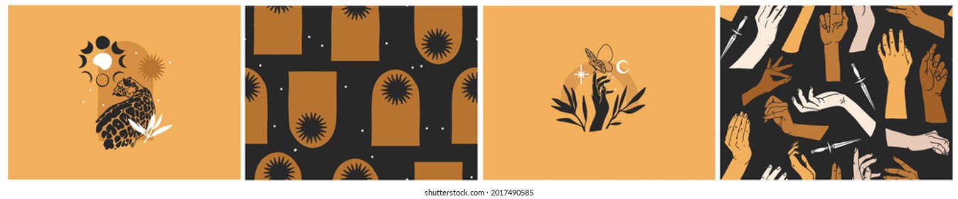 Hand drawn vector abstract flat stock graphic illustration seamless pattern collection set with magic astrology celestial golden moon phases,sun and stars,contemporary mystic and simple collage shape.