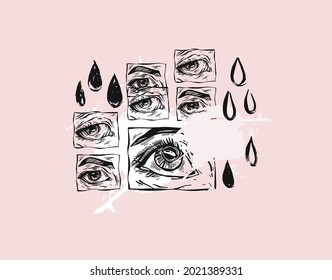 Hand drawn vector abstract flat stock graphic icon illustration sketch art collection set with female,mystic eyes and simple textured collage shapes isolated on color background.