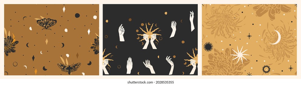 Hand drawn vector abstract flat stock graphic illustration seamless pattern collection set with magic astrology celestial golden moon phases,flowers and stars,contemporary mystic and collage shapes.