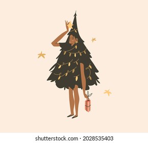 Hand drawn vector abstract flat stock modern graphic Happy New Year and Merry Christmas illustration character design of young happy girl in Christmas tree with garland costume,carnaval party concept.
