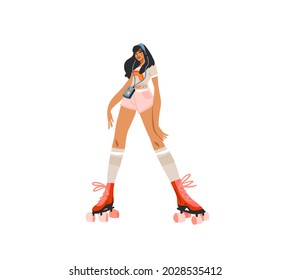 Hand drawn vector abstract flat stock modern graphic illustration character design of young summer happy retro vintage hippie girl roller skating,70s vintage print concept,retro vector people design.