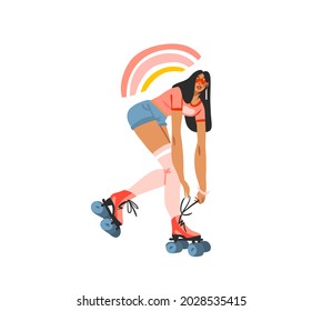 Hand drawn vector abstract flat stock modern graphic illustration character design of young summer happy retro vintage hippie girl roller skating,70s vintage print concept,retro vector people design.