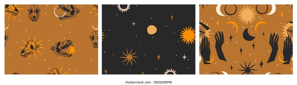 Hand drawn vector abstract flat stock graphic illustration seamless pattern collection set with magic astrology celestial golden moon phases,flowers and stars,contemporary mystic and collage shapes