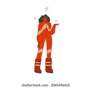 Hand drawn vector abstract flat stock modern graphic Happy New Year and Merry Christmas illustration character design,of young happy african american girl in winter skier costume.
