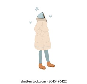 Hand Drawn Vector Abstract Flat Stock Modern Graphic Happy New Year And Merry Christmas Illustration Character Design,of Young Happy Girl In Winter Clothing Walking Outside Alone.