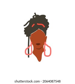 Hand drawn vector abstract flat graphic contemporary aesthetic fashion illustration with bohemian,modern african american female portrait in simple trendy minimal style isolated on pastel background.