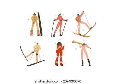Hand drawn vector abstract flat stock modern graphic Merry Christmas illustrations collection set with cartoon character design,of young people in winter skier costume outdoor.Winter sport concept