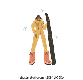Hand drawn vector abstract flat stock modern graphic Happy New Year and Merry Christmas illustration cartoon character design,of young happy woman in winter skier costume outdoor.