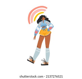 Hand drawn vector abstract flat stock modern graphic illustration character of young summer happy retro vintage hippie girl roller skating,90s vintage print concept,retro vector people design.