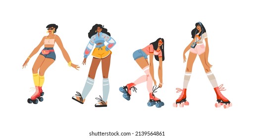 Hand drawn vector abstract flat stock modern graphic illustrations characters set of young summer happy retro vintage hippie girls roller skating,70s vintage print concept,retro vector people design.