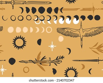 Hand drawn vector abstract flat stock graphic illustration sketch seamless pattern with boho mystic occult sun and moon phases,bird,sun,sword,simple collage shapes isolated on color background.