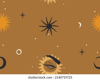 Hand drawn vector abstract flat stock graphic illustration sketch seamless pattern with boho mystic occult sun and moon,stars,magic woman eye,simple collage shapes isolated on color background.