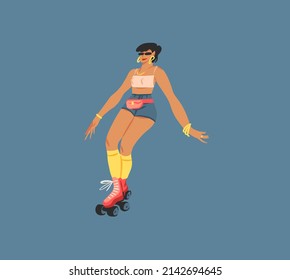 Hand drawn vector abstract flat stock modern graphic illustration character of young summer happy retro vintage hippie girl roller skating,90s vintage print concept,retro vector people design.