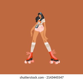 Hand drawn vector abstract flat stock modern graphic illustration character of young summer happy retro vintage hippie girl roller skating,90s vintage print concept,retro vector people design.