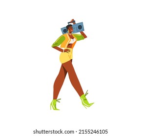 Hand drawn vector abstract flat stock modern graphic illustration character of young summer happy retro vintage funky girl with record player,90s vintage print concept,retro vector people design.