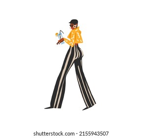 Hand drawn vector abstract flat stock modern graphic illustration character of young summer happy retro vintage funky girl with cocktail,90s vintage print concept,retro vector people design.