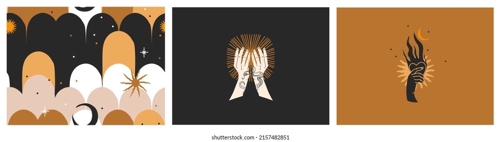 Hand drawn vector abstract flat stock graphic illustration seamless pattern collection set with magic astrology celestial golden moon phases,hands and stars,contemporary mystic and collage shapes.