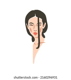 Hand drawn vector abstract flat graphic contemporary aesthetic fashion illustration with bohemian,beautiful modern japanese woman portrait in simple trendy minimal style isolated.Modern woman design.