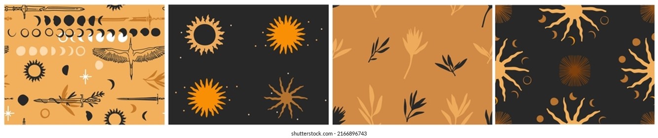Hand drawn vector abstract flat stock graphic illustration seamless pattern collection set with magic astrology celestial golden moon phases,sun and stars,contemporary mystic and simple collage shape.