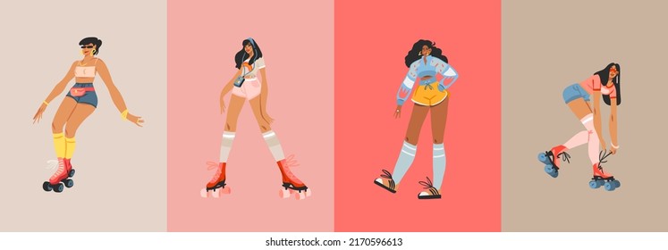 Hand drawn vector abstract flat stock modern graphic contemporary illustrations characters collection set of young happy retro vintage women roller skaters,on disco party,90s feminine vintage element.