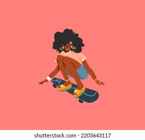 Hand drawn vector abstract flat stock modern graphic illustration character of young summer happy retro vintage funky girl ride on skateboard,90s vintage print concept,retro vector people design.