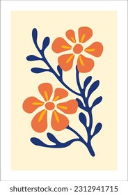 Hand drawn vector abstract floral illustration with orange flowers on yellow background. Wall Art Print