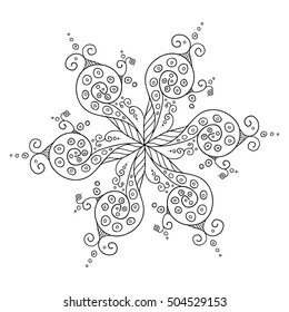 Hand drawn Vector abstract floral ornament, kaleidoscopic lineart floral pattern. Circle background with many details and whorls