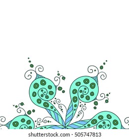 Hand drawn Vector abstract floral ornament, lineart blue floral pattern for cards