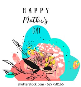 Hand drawn vector abstract floral collage with Happy Mothers Day calligraphy quote,flowers.Feminine design for card,invitation,save the date,birthday,wedding.Happy Mothers Day concept collage.