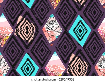 Hand drawn vector abstract freehand textured collage seamless pattern with spring flowers mottif in pastel color isolated on colored background.Wedding,save the date,birthday,fashion fabric,decoration