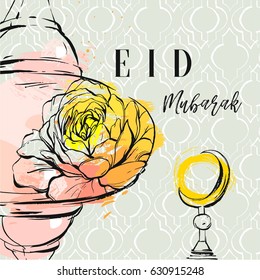 Hand drawn vector abstract freehand textured collage template greeting card with arabic pattern,latern,moon,graphic blooming flower and modern calligraphy Eid Mubarak isolated on pastel background