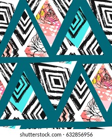 Hand drawn vector abstract freehand textured seamless pattern collage with zebra motif,organic textures,triangles and flowers isolated on blue background.Wedding,save the date,birthday,decoration