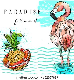 Hand drawn vector abstract freehand textured summer time art background with pineapple and pink flamingo in sea waves and calligraphy quote Paradise found isolated.Wedding,save the date,birthday.